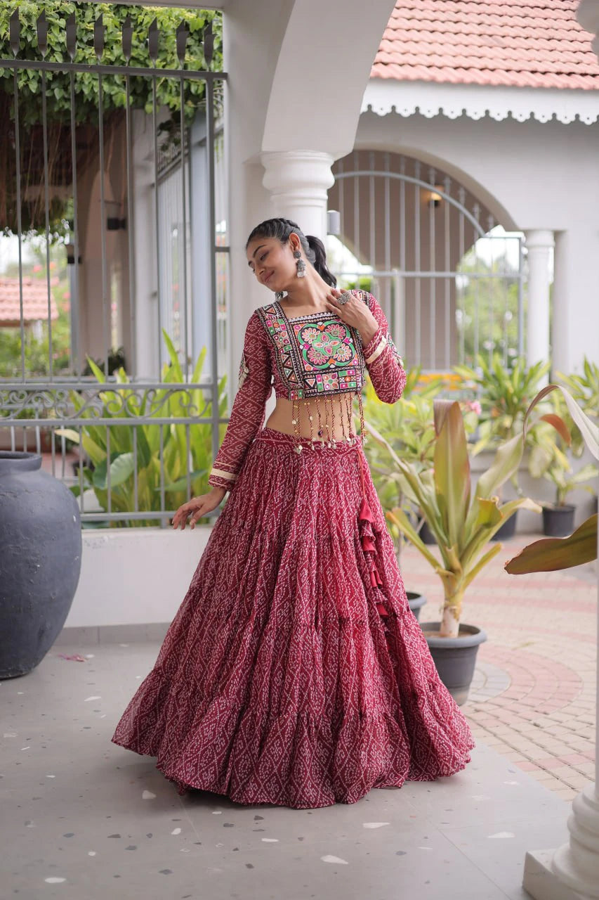 Navratri Maroon Bandhani Lehenga Choli for Women with Kutchi Patchwork Designer Blouse and Frill Work