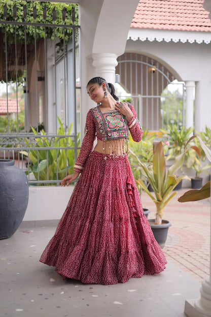 Navratri Maroon Bandhani Lehenga Choli for Women with Kutchi Patchwork Designer Blouse and Frill Work
