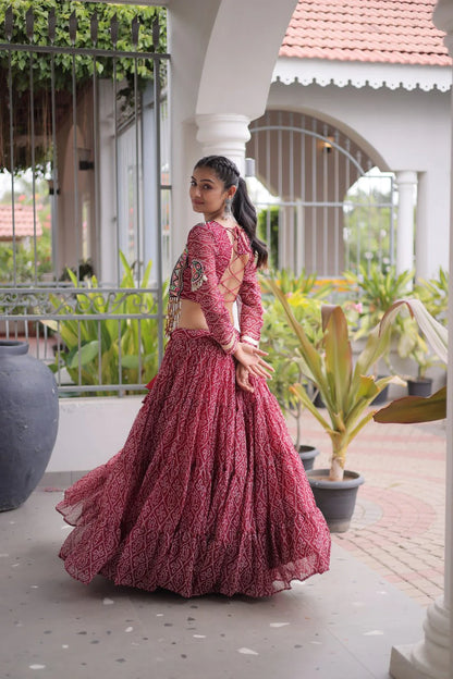Navratri Maroon Bandhani Lehenga Choli for Women with Kutchi Patchwork Designer Blouse and Frill Work