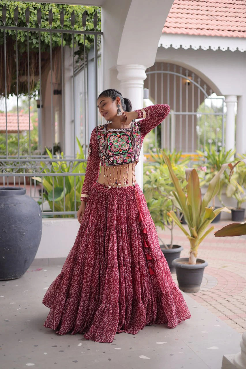Navratri Maroon Bandhani Lehenga Choli for Women with Kutchi Patchwork Designer Blouse and Frill Work