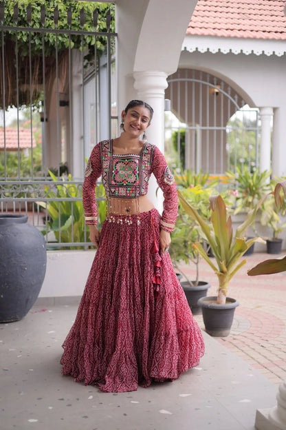 Navratri Maroon Bandhani Lehenga Choli for Women with Kutchi Patchwork Designer Blouse and Frill Work