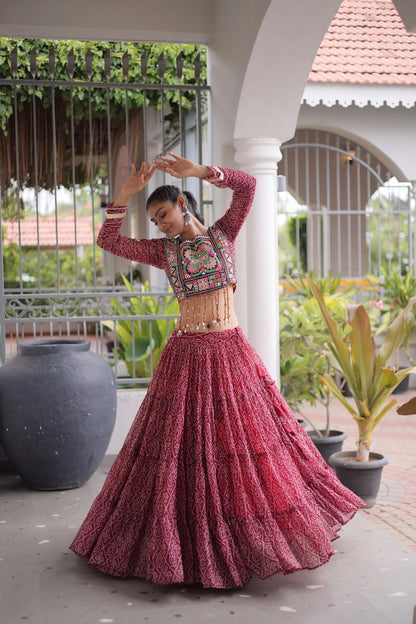 Navratri Maroon Bandhani Lehenga Choli for Women with Kutchi Patchwork Designer Blouse and Frill Work