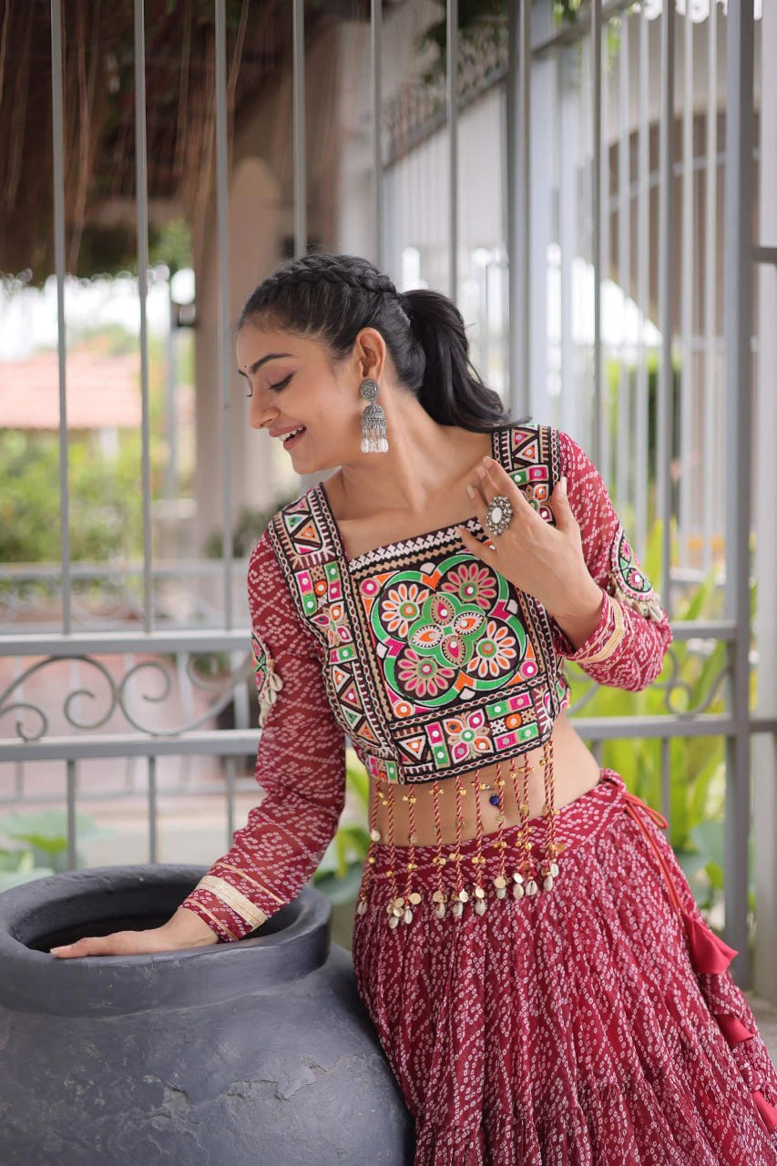 Navratri Maroon Bandhani Lehenga Choli for Women with Kutchi Patchwork Designer Blouse and Frill Work