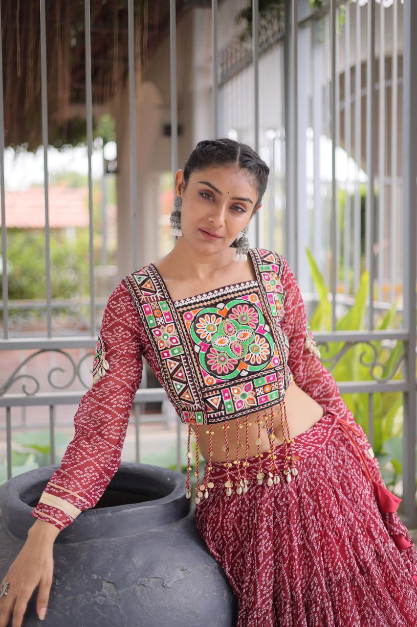 Navratri Maroon Bandhani Lehenga Choli for Women with Kutchi Patchwork Designer Blouse and Frill Work