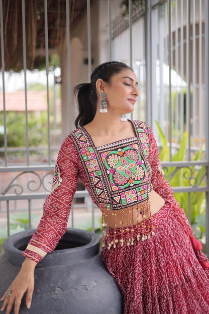 Navratri Maroon Bandhani Lehenga Choli for Women with Kutchi Patchwork Designer Blouse and Frill Work