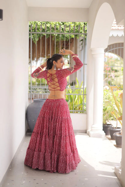 Navratri Maroon Bandhani Lehenga Choli for Women with Kutchi Patchwork Designer Blouse and Frill Work
