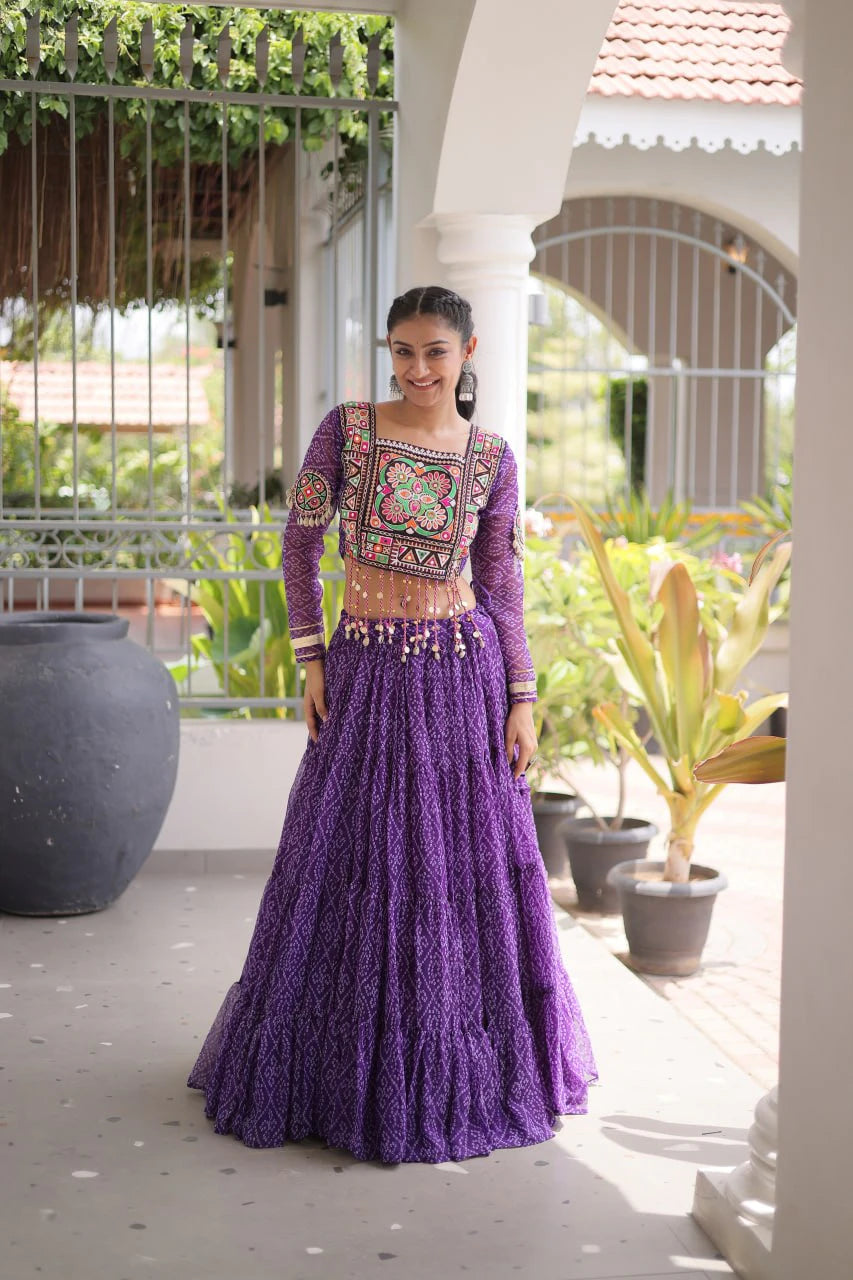 Navratri Purple Bandhani Lehenga Choli for Women with Kutchi Patchwork Designer Blouse and Frill Work (Copy) (Copy) (Copy)