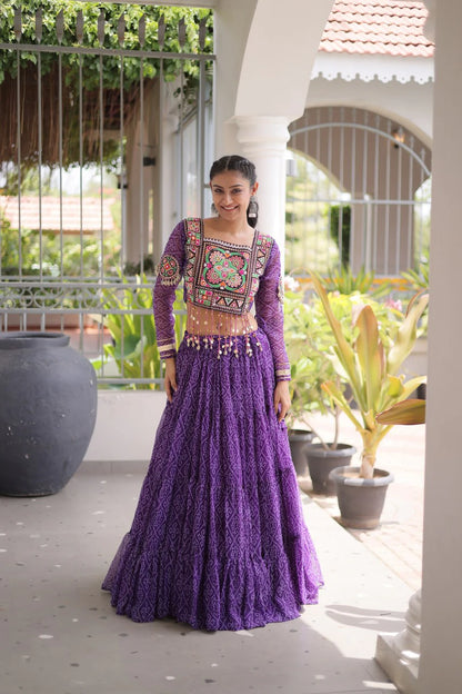 Navratri Purple Bandhani Lehenga Choli for Women with Kutchi Patchwork Designer Blouse and Frill Work (Copy) (Copy) (Copy)