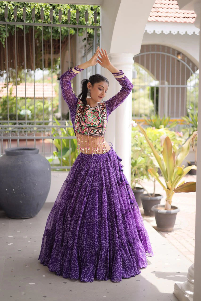 Navratri Purple Bandhani Lehenga Choli for Women with Kutchi Patchwork Designer Blouse and Frill Work (Copy) (Copy) (Copy)