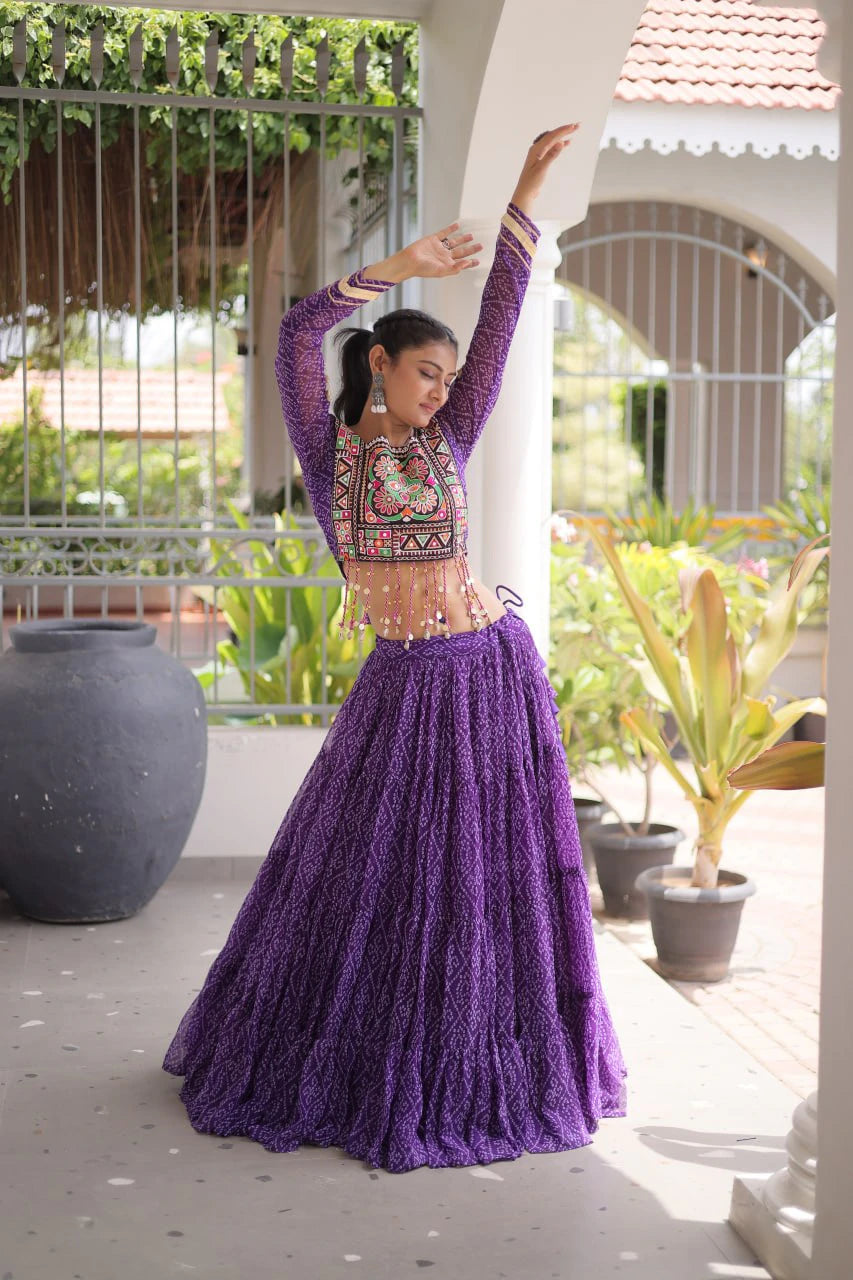 Navratri Purple Bandhani Lehenga Choli for Women with Kutchi Patchwork Designer Blouse and Frill Work (Copy) (Copy) (Copy)