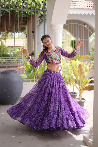 Navratri Purple Bandhani Lehenga Choli for Women with Kutchi Patchwork Designer Blouse and Frill Work (Copy) (Copy) (Copy)