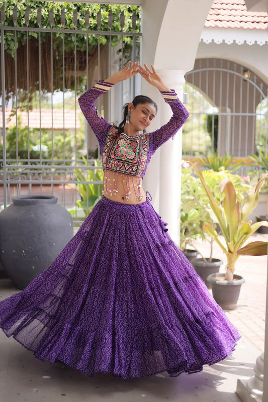 Navratri Purple Bandhani Lehenga Choli for Women with Kutchi Patchwork Designer Blouse and Frill Work (Copy) (Copy) (Copy)