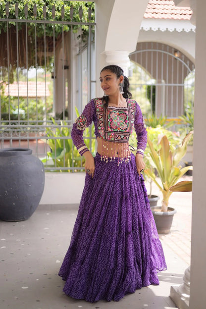 Navratri Purple Bandhani Lehenga Choli for Women with Kutchi Patchwork Designer Blouse and Frill Work (Copy) (Copy) (Copy)