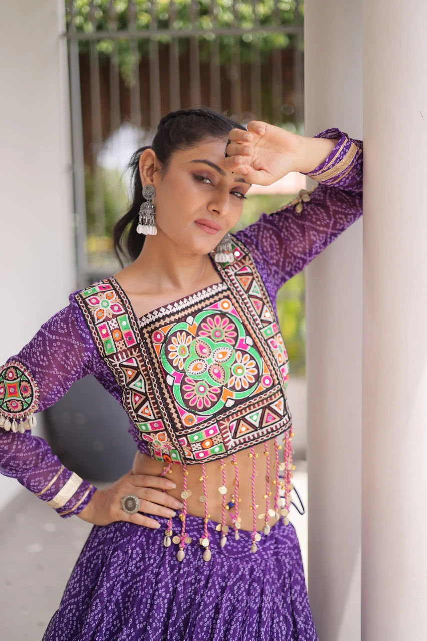 Navratri Purple Bandhani Lehenga Choli for Women with Kutchi Patchwork Designer Blouse and Frill Work (Copy) (Copy) (Copy)