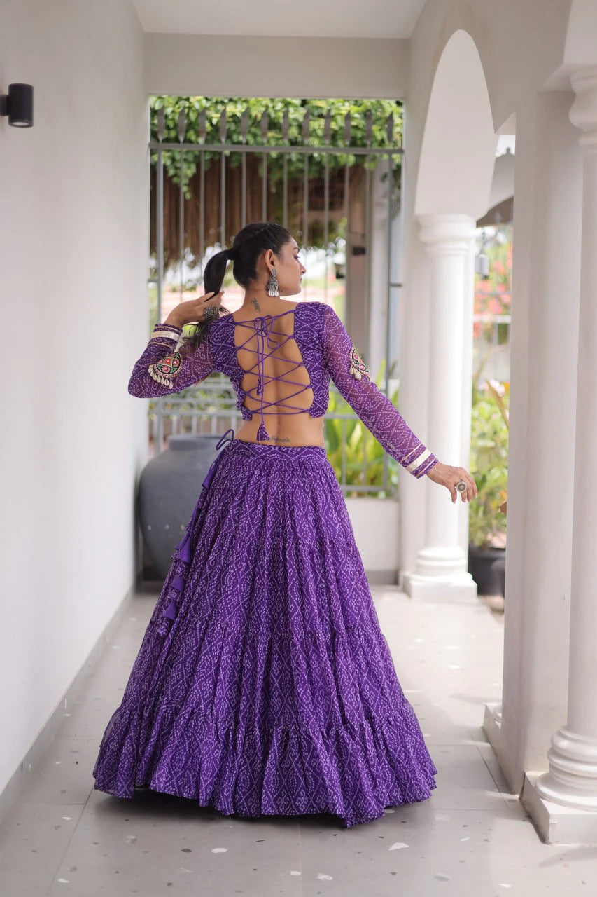 Navratri Purple Bandhani Lehenga Choli for Women with Kutchi Patchwork Designer Blouse and Frill Work (Copy) (Copy) (Copy)
