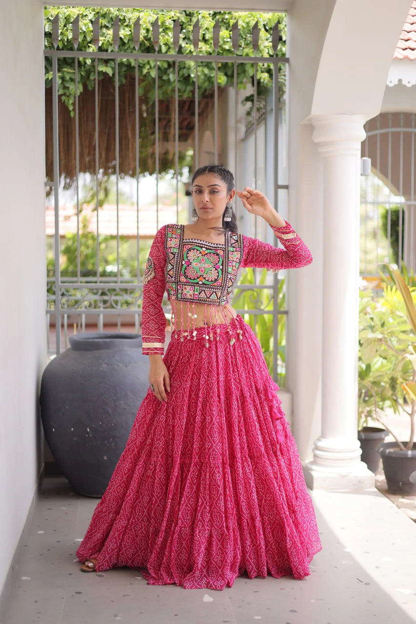 Navratri Pink Bandhani Lehenga Choli for Women with Kutchi Patchwork Designer Blouse and Frill Work (Copy) (Copy)
