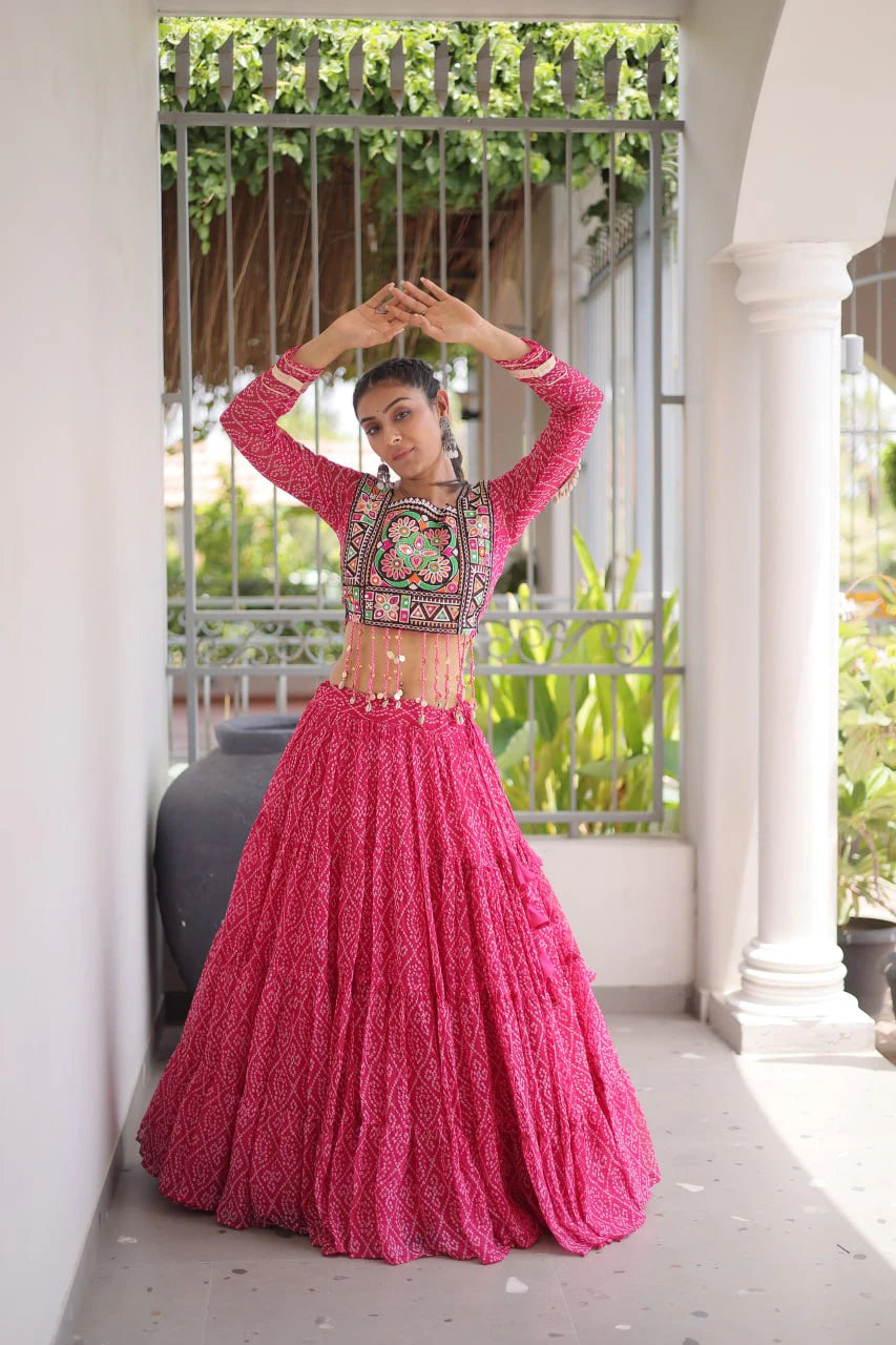 Navratri Pink Bandhani Lehenga Choli for Women with Kutchi Patchwork Designer Blouse and Frill Work (Copy) (Copy)