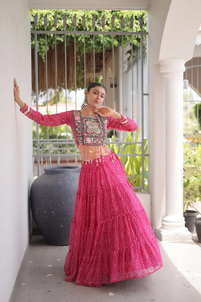 Navratri Pink Bandhani Lehenga Choli for Women with Kutchi Patchwork Designer Blouse and Frill Work (Copy) (Copy)
