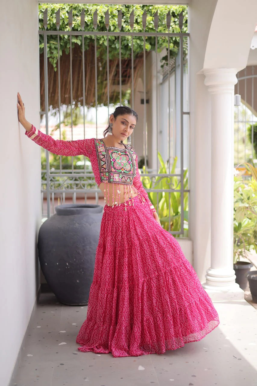 Navratri Pink Bandhani Lehenga Choli for Women with Kutchi Patchwork Designer Blouse and Frill Work (Copy) (Copy)