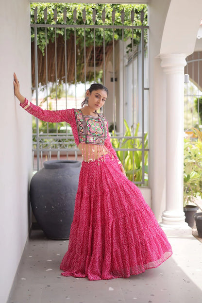 Navratri Pink Bandhani Lehenga Choli for Women with Kutchi Patchwork Designer Blouse and Frill Work (Copy) (Copy)