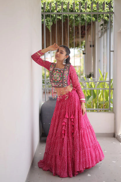 Navratri Pink Bandhani Lehenga Choli for Women with Kutchi Patchwork Designer Blouse and Frill Work (Copy) (Copy)