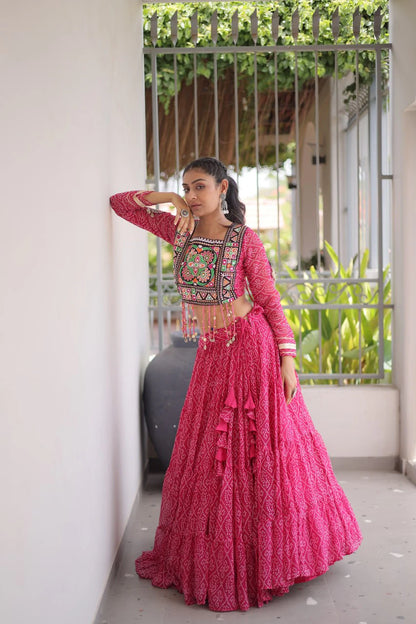 Navratri Pink Bandhani Lehenga Choli for Women with Kutchi Patchwork Designer Blouse and Frill Work (Copy) (Copy)