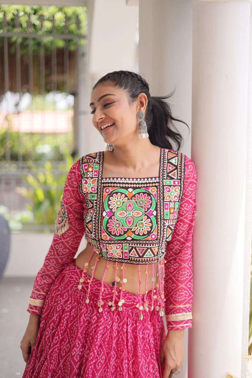 Navratri Pink Bandhani Lehenga Choli for Women with Kutchi Patchwork Designer Blouse and Frill Work (Copy) (Copy)