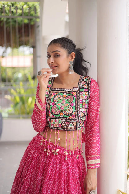 Navratri Pink Bandhani Lehenga Choli for Women with Kutchi Patchwork Designer Blouse and Frill Work (Copy) (Copy)
