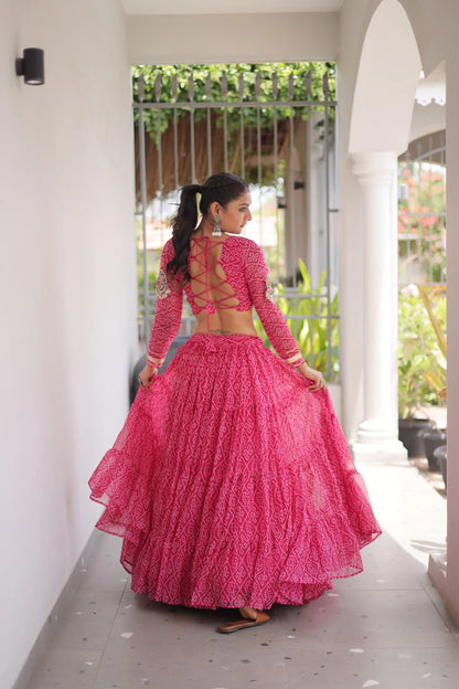 Navratri Pink Bandhani Lehenga Choli for Women with Kutchi Patchwork Designer Blouse and Frill Work (Copy) (Copy)