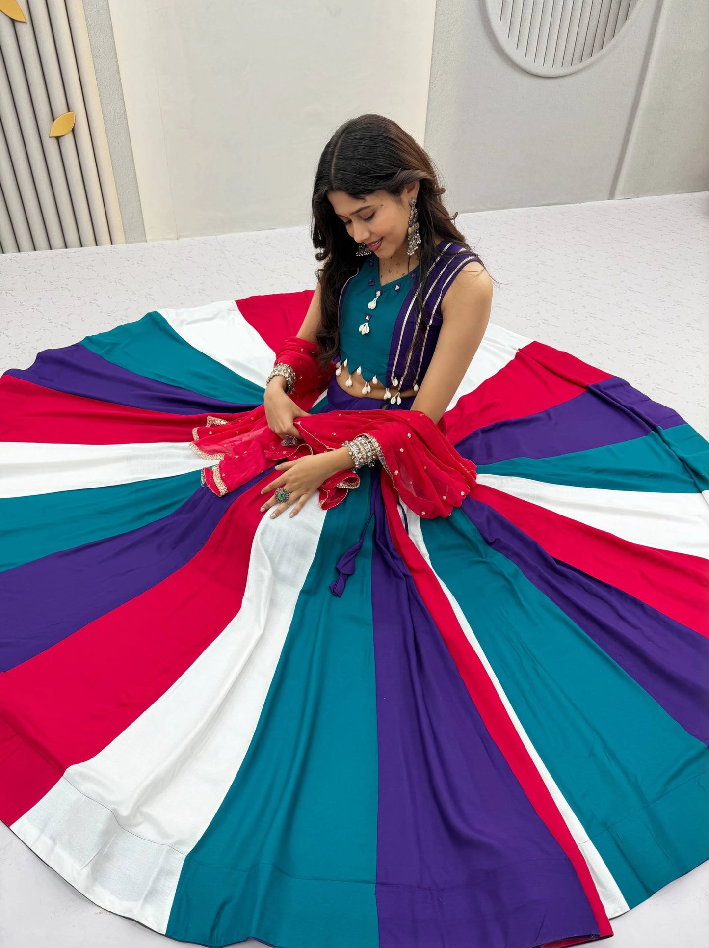 Multicolour Navratri Lehenga Choli with Hand Mirror Work and Thread Work for Women