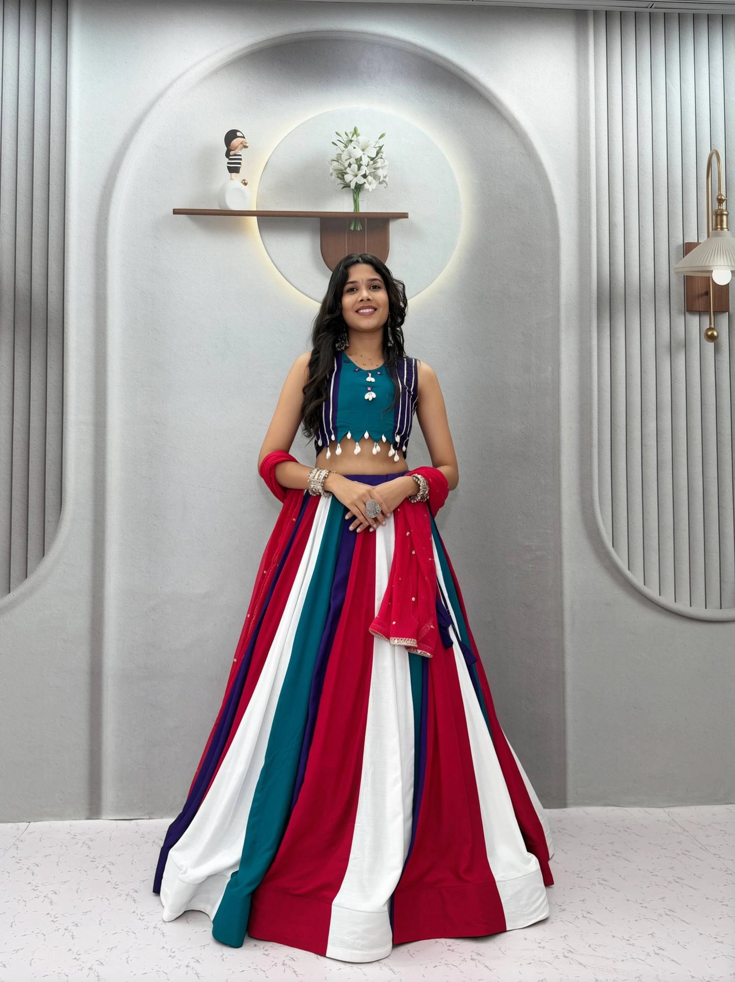Multicolour Navratri Lehenga Choli with Hand Mirror Work and Thread Work for Women