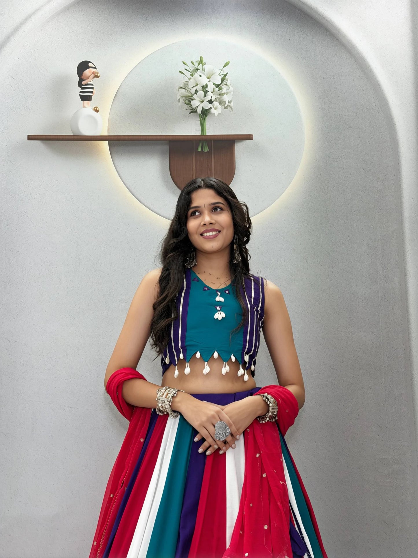Multicolour Navratri Lehenga Choli with Hand Mirror Work and Thread Work for Women