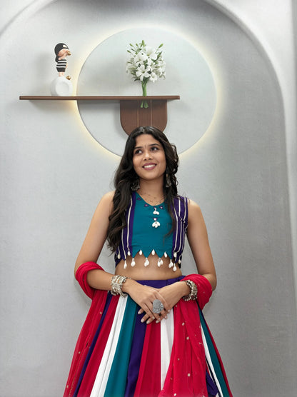 Multicolour Navratri Lehenga Choli with Hand Mirror Work and Thread Work for Women