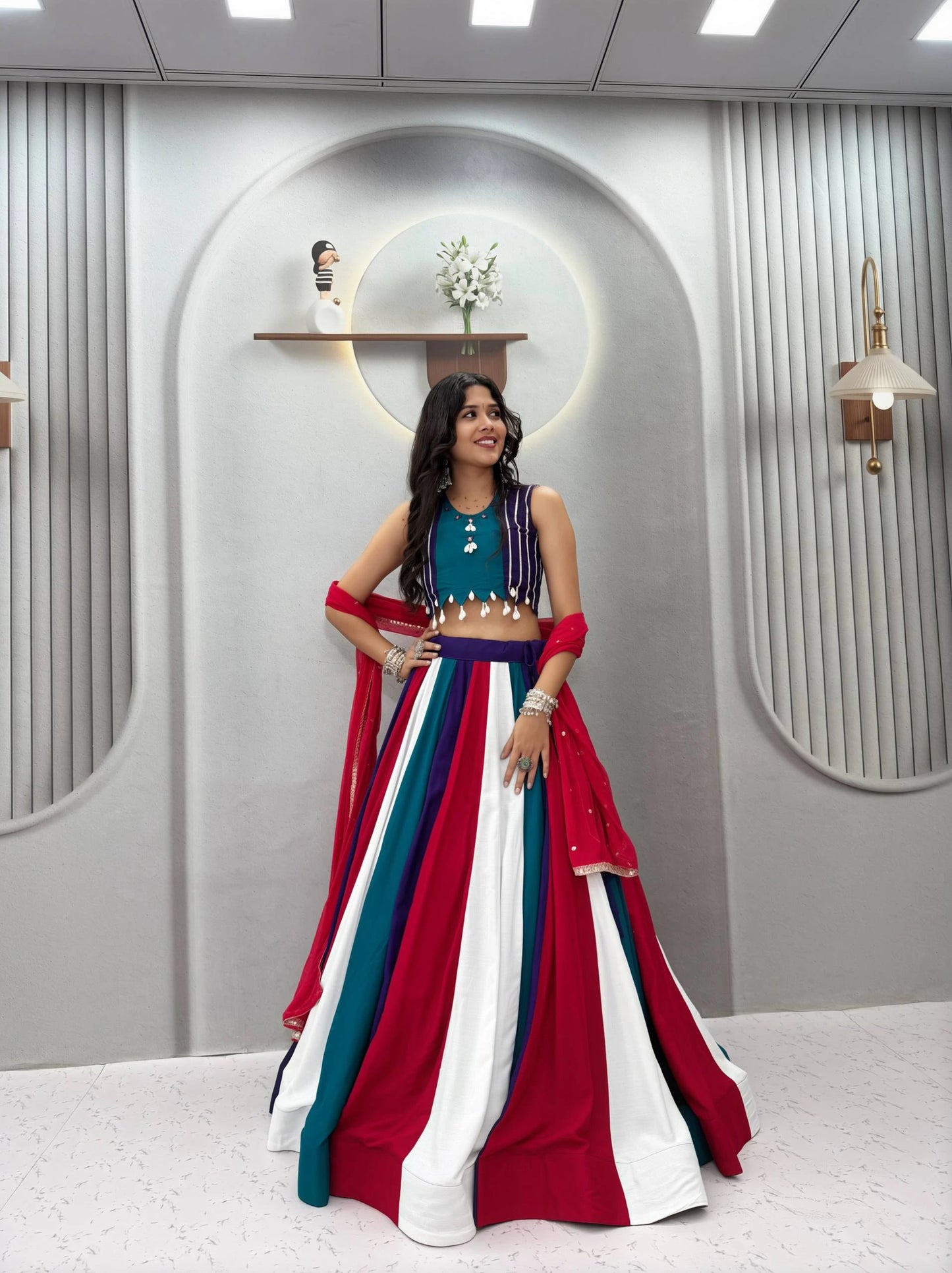 Multicolour Navratri Lehenga Choli with Hand Mirror Work and Thread Work for Women