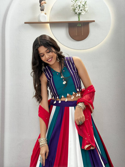 Multicolour Navratri Lehenga Choli with Hand Mirror Work and Thread Work for Women