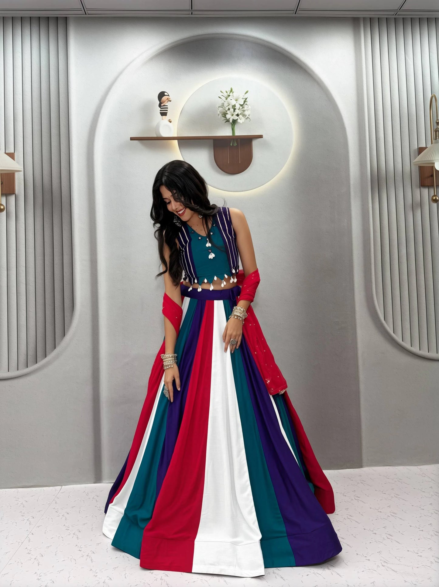Multicolour Navratri Lehenga Choli with Hand Mirror Work and Thread Work for Women