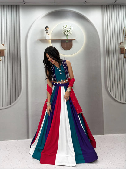 Multicolour Navratri Lehenga Choli with Hand Mirror Work and Thread Work for Women