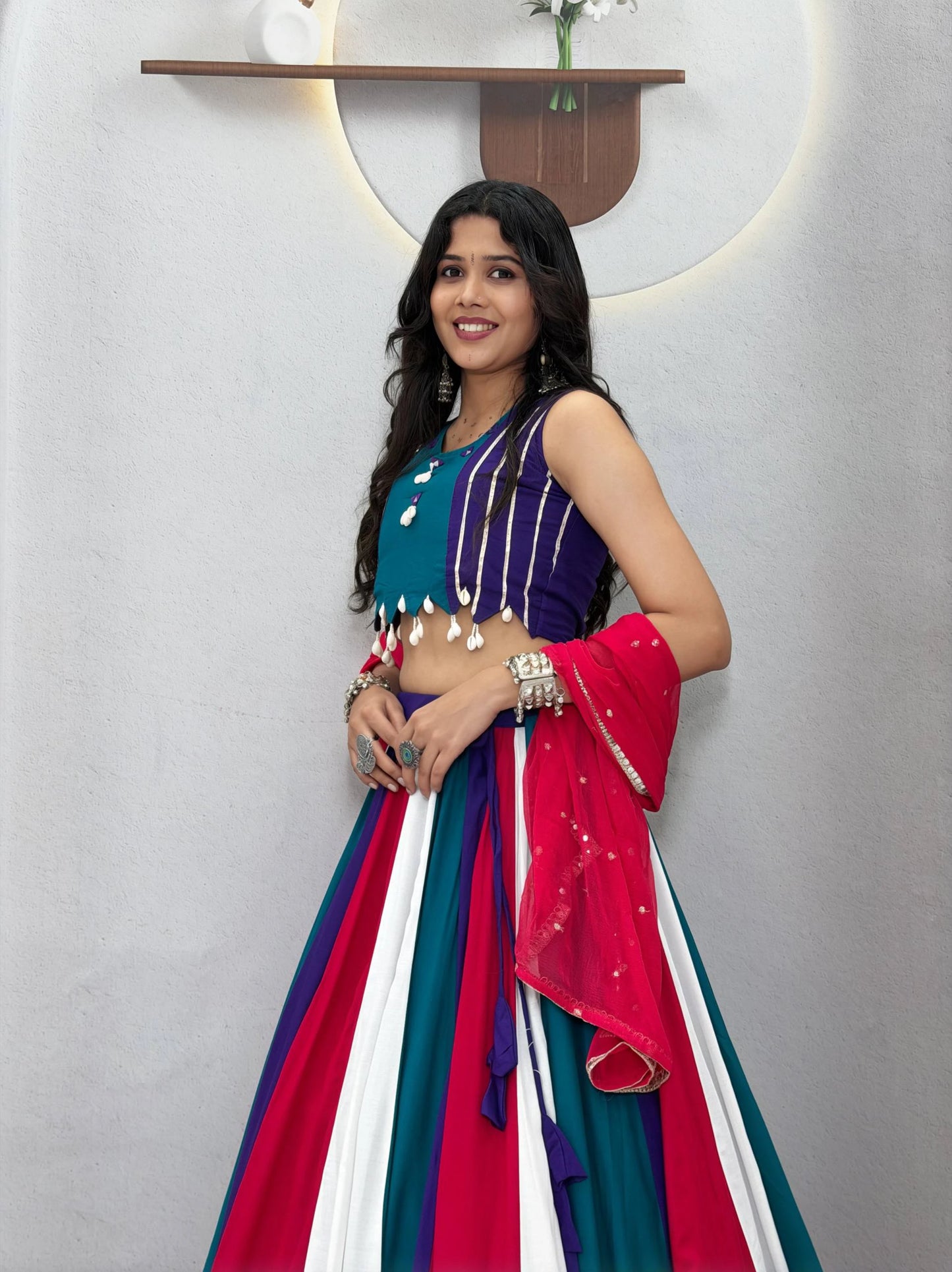 Multicolour Navratri Lehenga Choli with Hand Mirror Work and Thread Work for Women