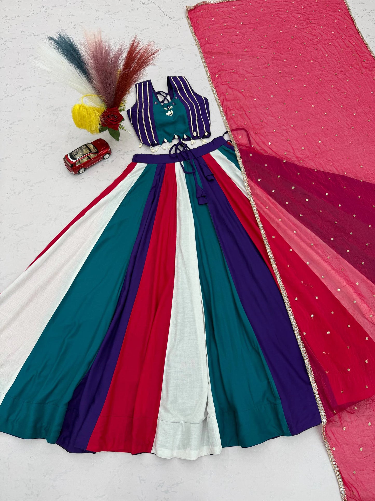 Multicolour Navratri Lehenga Choli with Hand Mirror Work and Thread Work for Women