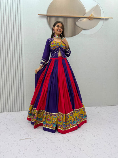 Purple Pink Designer Lehenga Choli for Women with Real Mirror Work Printed Flared Lehenga for Navratri