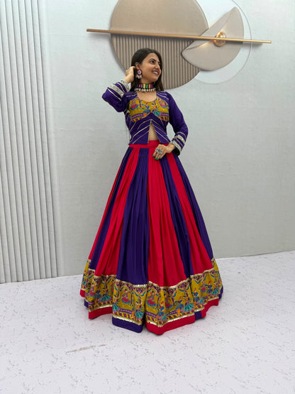 Purple Pink Designer Lehenga Choli for Women with Real Mirror Work Printed Flared Lehenga for Navratri