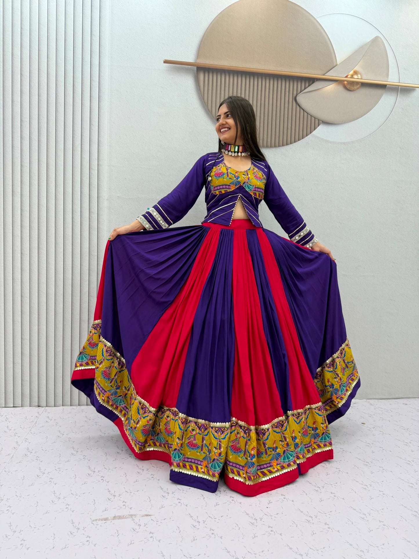 Purple Pink Designer Lehenga Choli for Women with Real Mirror Work Printed Flared Lehenga for Navratri