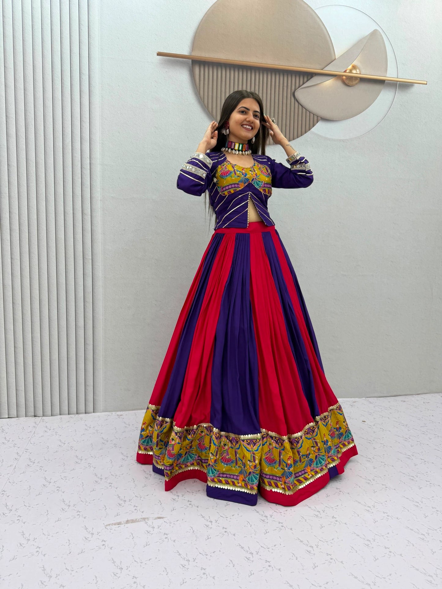 Purple Pink Designer Lehenga Choli for Women with Real Mirror Work Printed Flared Lehenga for Navratri