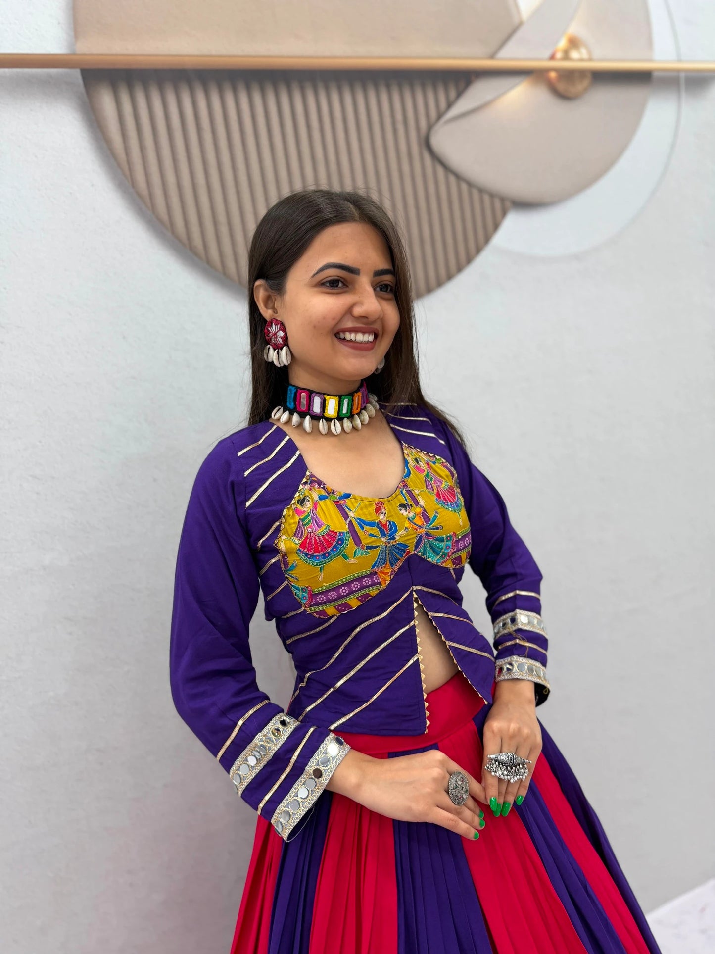 Purple Pink Designer Lehenga Choli for Women with Real Mirror Work Printed Flared Lehenga for Navratri
