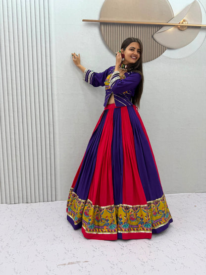 Purple Pink Designer Lehenga Choli for Women with Real Mirror Work Printed Flared Lehenga for Navratri