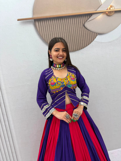 Purple Pink Designer Lehenga Choli for Women with Real Mirror Work Printed Flared Lehenga for Navratri
