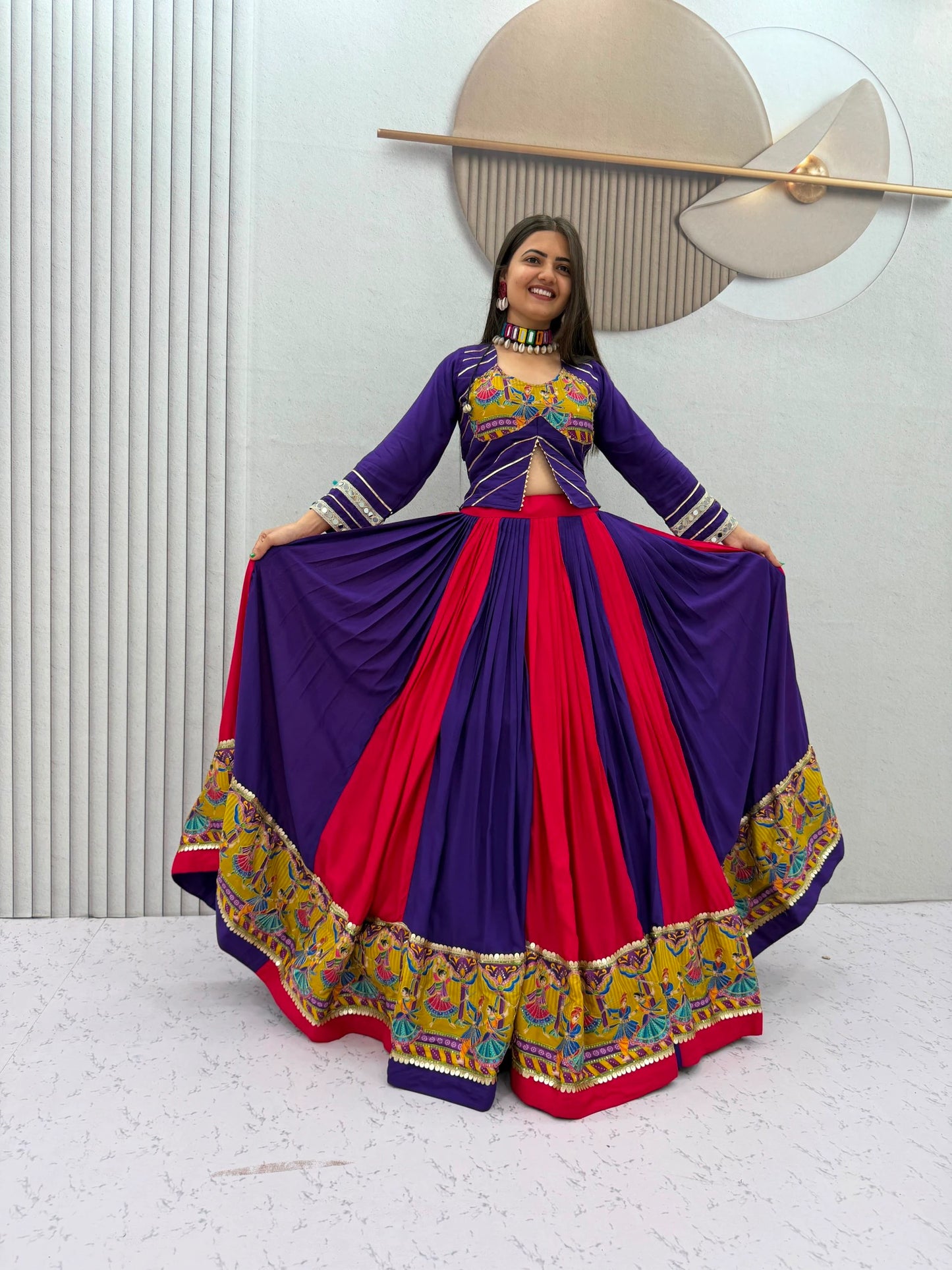 Purple Pink Designer Lehenga Choli for Women with Real Mirror Work Printed Flared Lehenga for Navratri