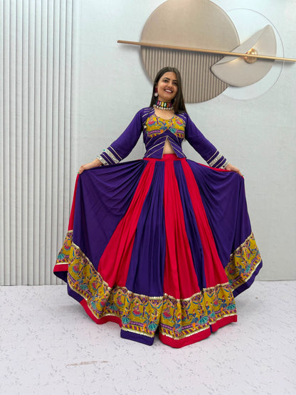 Purple Pink Designer Lehenga Choli for Women with Real Mirror Work Printed Flared Lehenga for Navratri