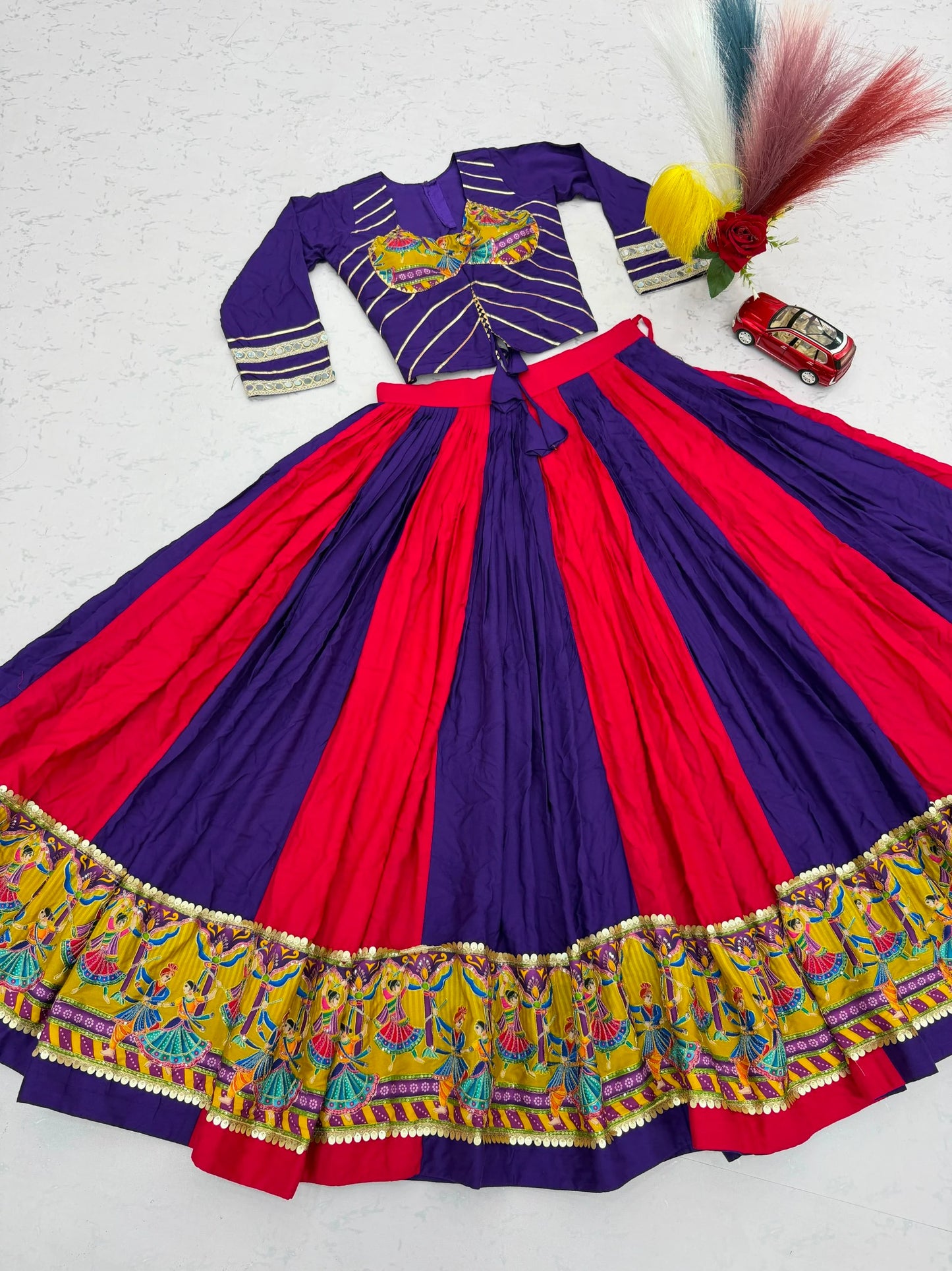 Purple Pink Designer Lehenga Choli for Women with Real Mirror Work Printed Flared Lehenga for Navratri
