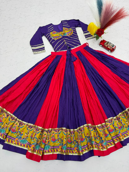 Purple Pink Designer Lehenga Choli for Women with Real Mirror Work Printed Flared Lehenga for Navratri
